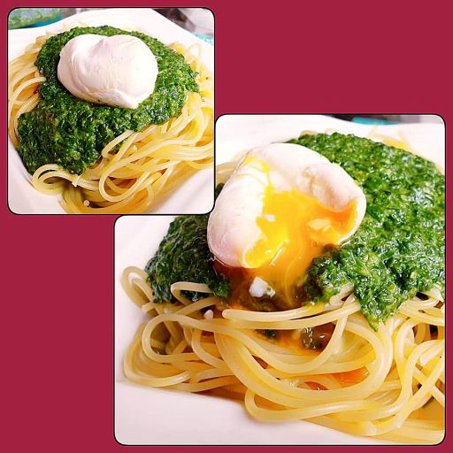 Spaghetti mit Spinatsoße und pochiertem Ei
